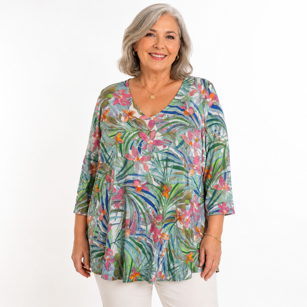Quacker Factory Colorful Floral Soft Rayon Knit Fabric Rhinestones NWT Top sz L